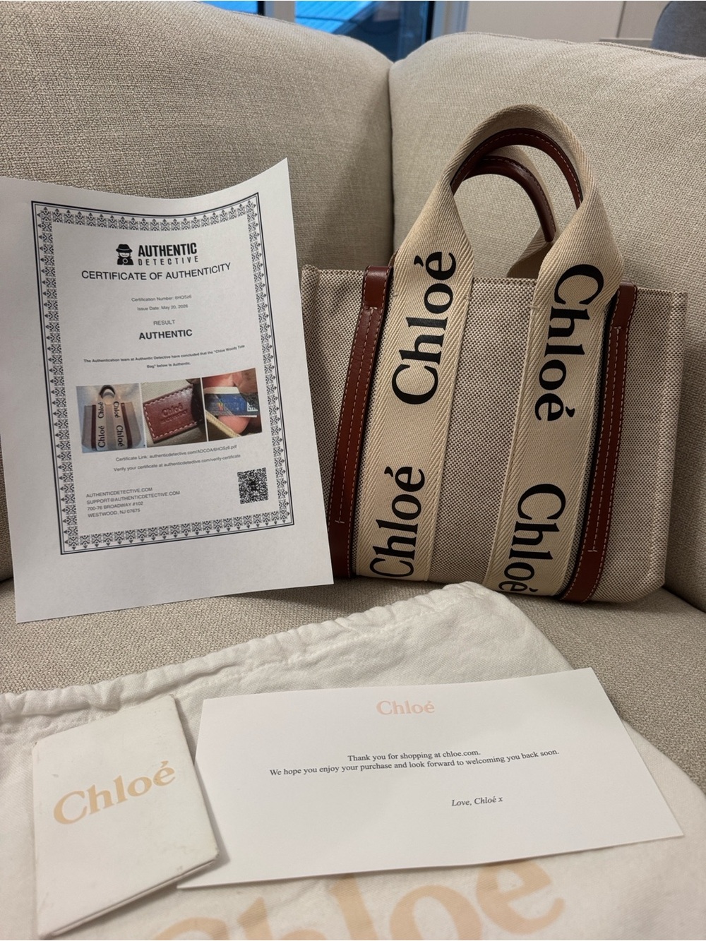 Chloé Small Woody Tote Beige Canvas Brown Leather w/ COA, Authentic - Picture 12 of 12